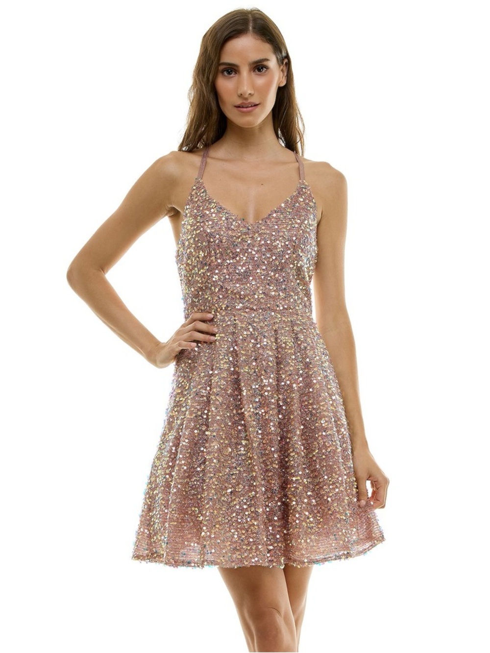 Invitée Rose Gold Sequin Fit & Flare Mini Dress Size M Party
